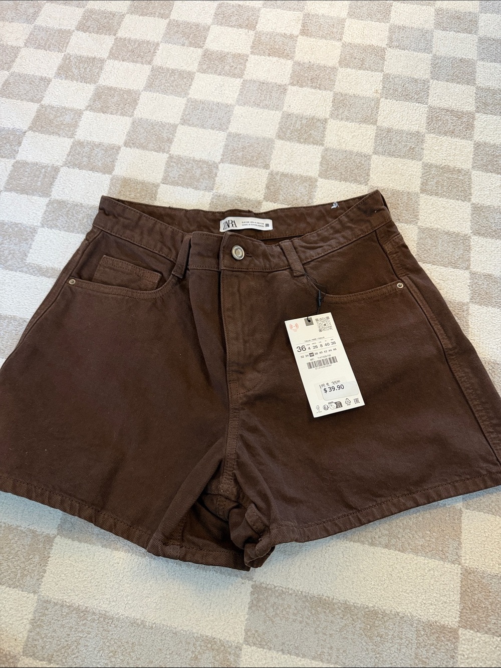 Zara Brown High-Rise Denim-Look Cotton Shorts